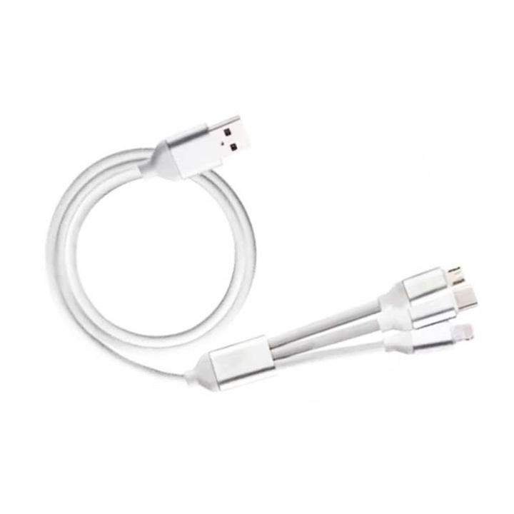 Adat- és gyorstöltő kábel, kompatibilis: Huawei, Samsung, Xiaomi, 3 az 1-ben, USB, C típusú, Lightning, Micro-USB, FEHÉR