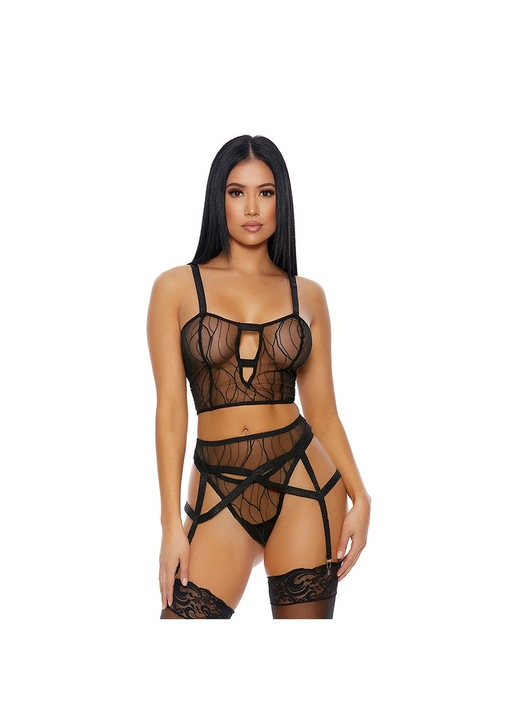 Szexi női fehérnemű szett, ForPlay, hálós cami melltartó, bugyi és hozzáillő harisnyakötő, fekete