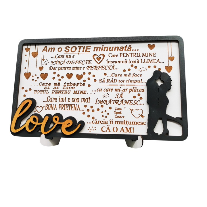 Tablou cadou pentru sotie de Ziua indragostitilor, Dragobete, Aniversare, Zi de nastere etc - Am o sotie minunata, Lemn, 25x15 cm