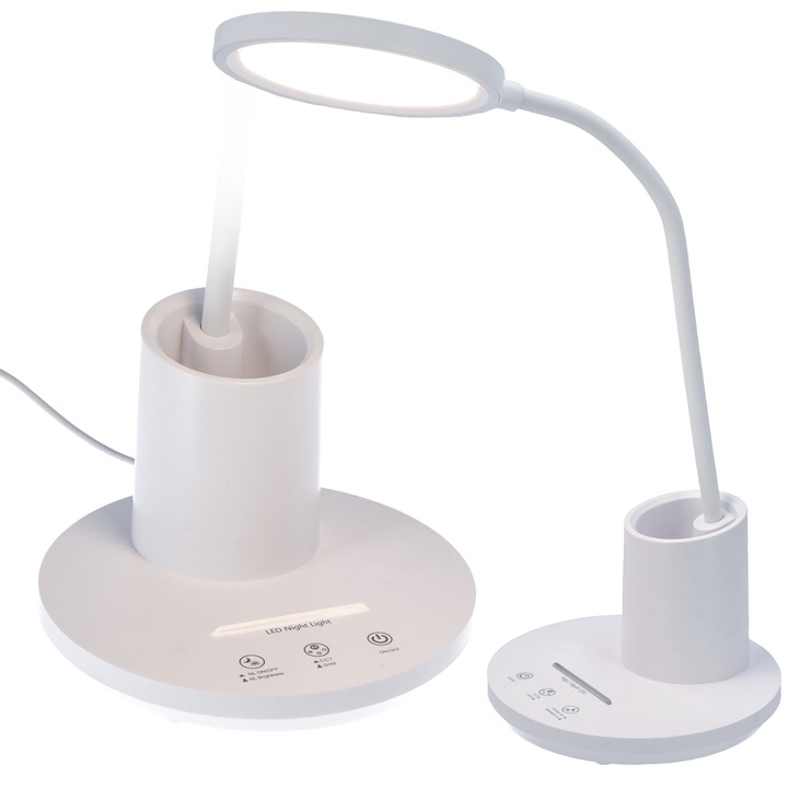 Asztali lámpa, fehér, 9W, telefontartóval és tolltartóval