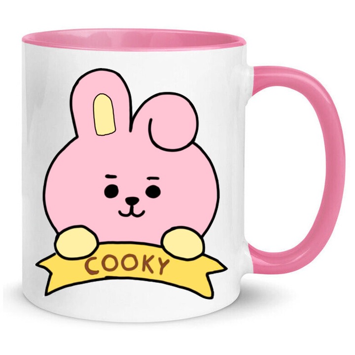 Cana ceramica BT21, Cooky, 330ml, alb si roz