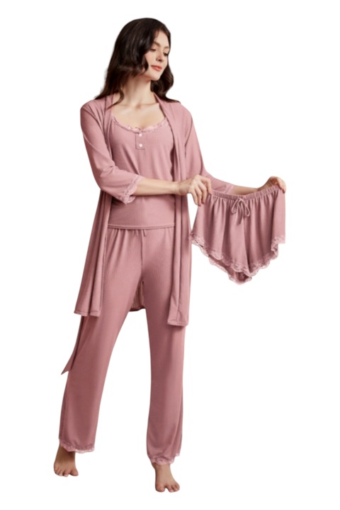 Pijama dama vascoza, set 4 piese, StarFashion, halat cu cordon, Roz pudrat
