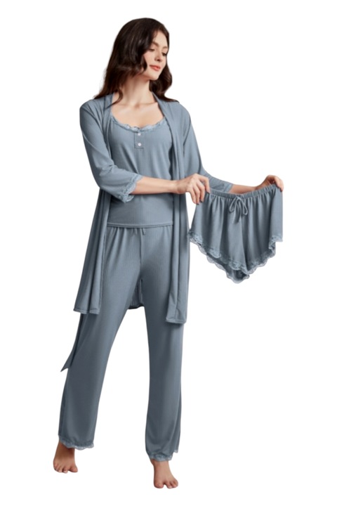 Pijama dama vascoza, set 4 piese, StarFashion, halat cu cordon, Albastru