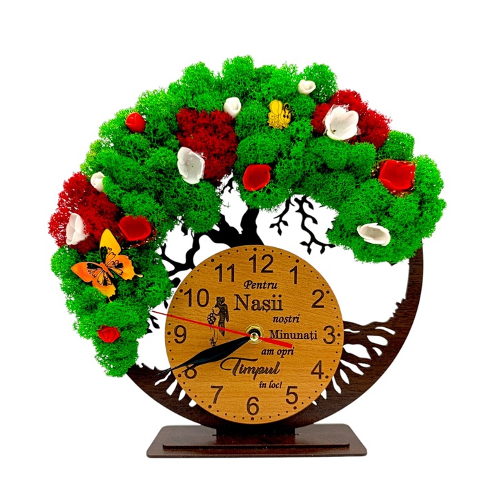 Ceas decorativ copacul vietii, decorat cu licheni naturali verzi si rosii, personalizat cu mesaj standard pentru Nasi, "Pentru Nasii noastri minunati...", wenge, dimensiune 25cm