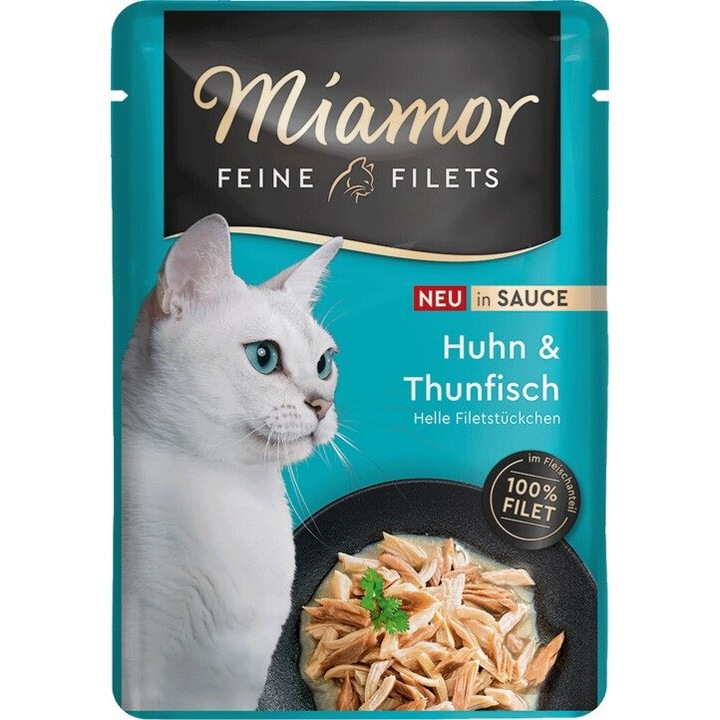 Mancare umeda pentru pisici, Miamor, cu pui si ton in sos, 100g, fara gluten, fara soia