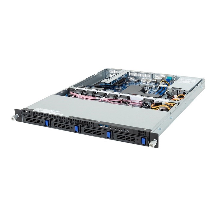 Gigabyte Rack 1U сървърна платформа R123-X00-AA01, Intel E-24XX, 4x 3.5" SATA, 1x M.2, 400W, черно/сребристо