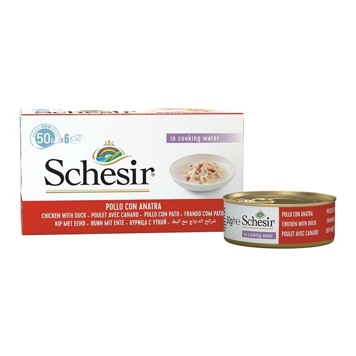 Hrana umeda pentru pisici fara gluten, Schesir, Filete de pui cu rata, 6x50g