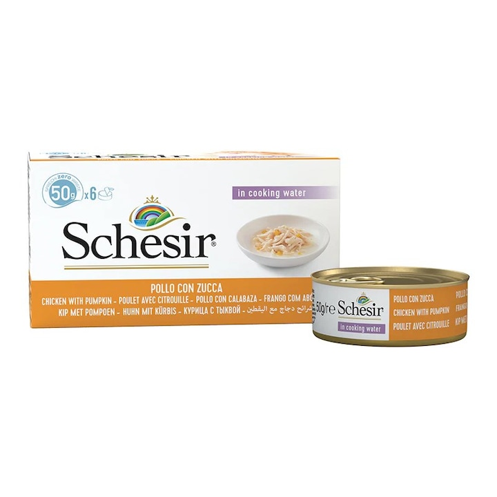 Hrana umeda pentru pisici, Schesir, pui cu dovleac, fara gluten, 300g (6x50g)