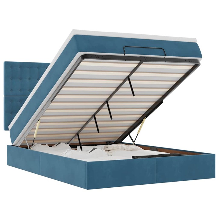 Cadru pat otoman cu saltele vidaXL, Albastru inchis, 140x200cm, catifea, 58.95 Kg 3313623