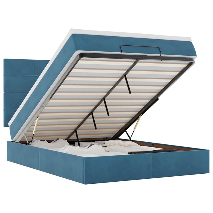Cadru pat otoman cu saltele vidaXL, Albastru inchis, 140x200cm, catifea, 59.05 Kg 3313479