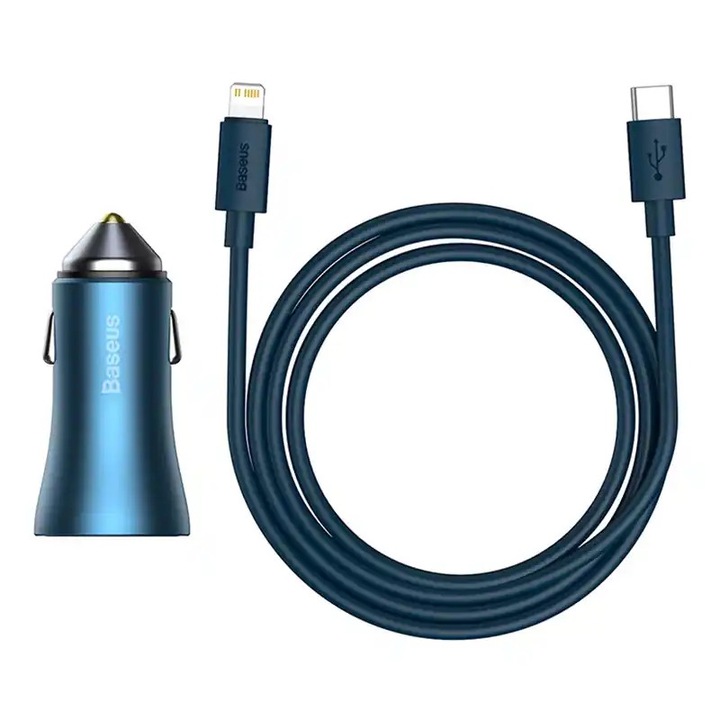 Autós töltő, Baseus, kék, USB + USB-C, 40 W, USB-C - Lightning kábel, 1 m