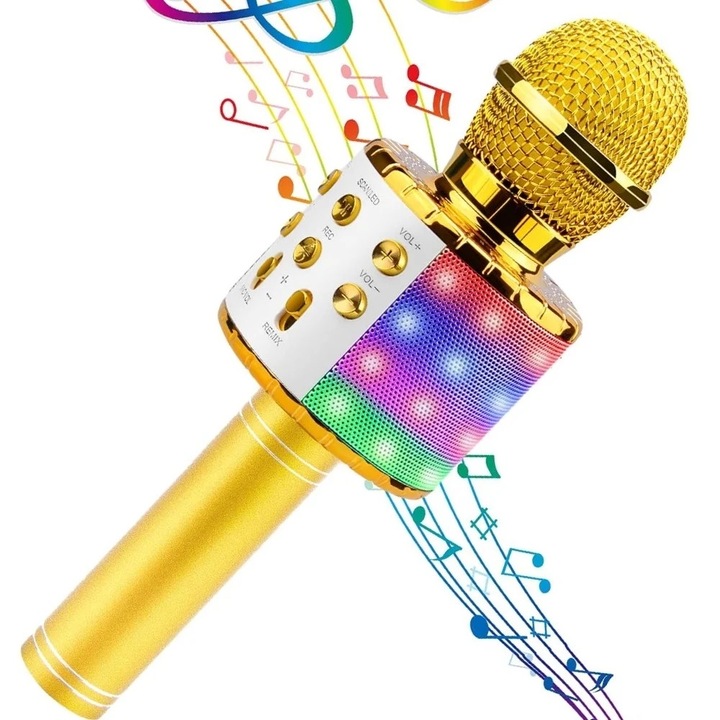 5 в 1 микрофон за караоке за деца StartONTeam, с Bluetooth, високоговорител, USB, SD карта, злато
