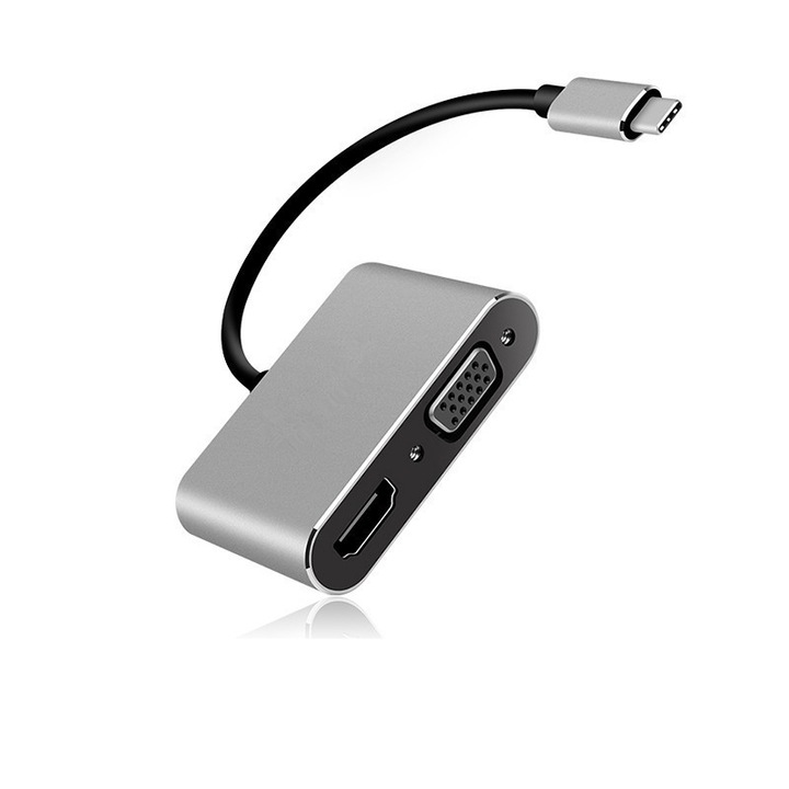 USB-C докинг станция, 2 в 1, 1x 4K HDMI, 1x VGA, сребристо сиво, 60x45x15 mm