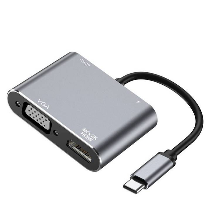 USB-C 4 в 1 докинг станция, 1x USB 3.0, 1x HDMI 4K, 1x VGA, сребристо сиво, 60x45x13 mm