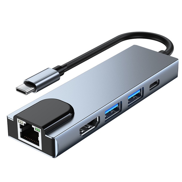 USB-C 5 в 1 докинг станция, 2x USB 3.0, 1x HDMI 4K, 1x RJ45, сребристосив, 100 mm x 30 mm x 10 mm