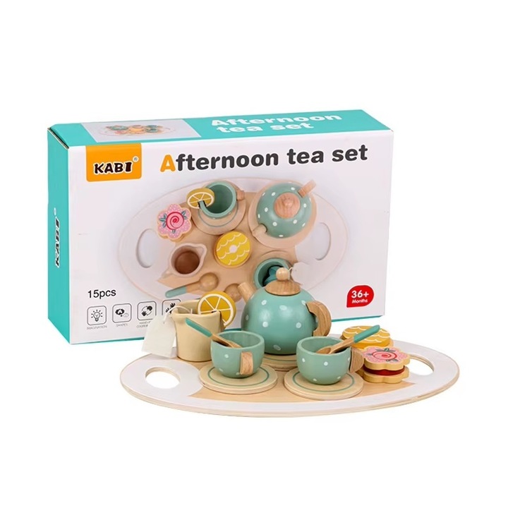 Set de ceai pentru copii 3 ani+, cu 15 piese si accesorii, din lemn, non-toxic, 30x18x8cm, multicolor