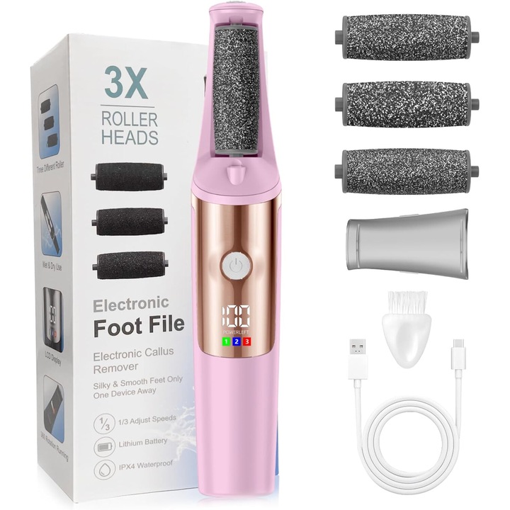 Set aparat pedichiura electric, 3 viteze, 3 role, roz