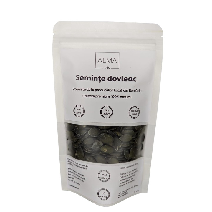 Seminte de dovleac romanesti, calitate premium, fara coaja, nesarate, neprajite, Alma Oils - 150 g
