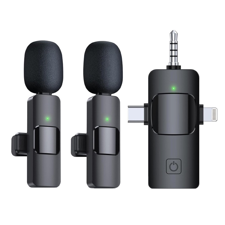 Set 2 Microfoane Tip Lavaliera Profesionala, SINBINTA, Lavaliera Profesionala Wireless, Plug and play, Reducere zgomot, Sunet omnidrectional 360º, Incarcare rapida, 2.4 GHz, Sincronizare sunet, Compatibil Android/Ios, ABS, Negru