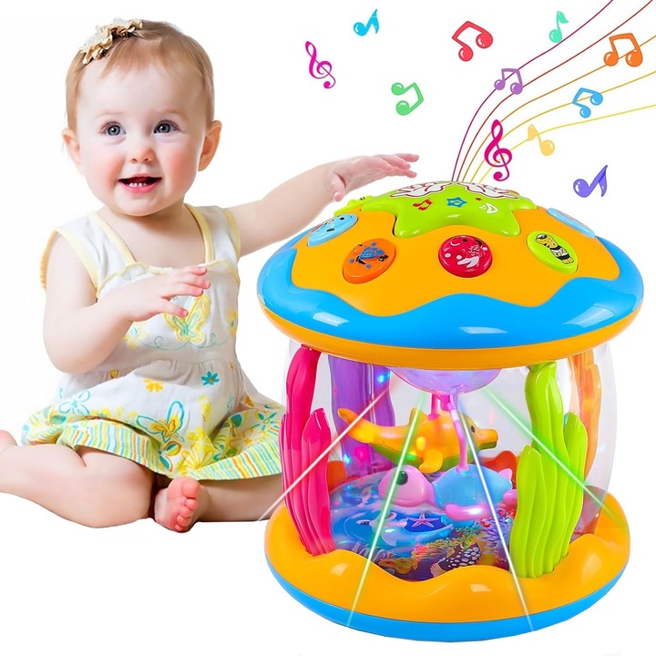 Образователен център за бебешки дейности, SINBINTA, интерактивна играчка с 6 звука на животни, 7 светлини, 7 музикални, 360° въртене, морски свят, двигателно развитие и сензорна стимулация, за 6+ месеца, ABS, 15x15x18 см, многоцветен