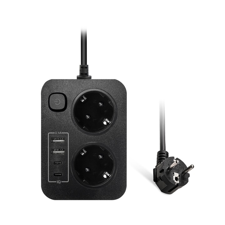 Prelungitor Sanyu Media 6 prize, protectie copii,2 USB, 2 USB-C, 3000W, 1.8m, Negru