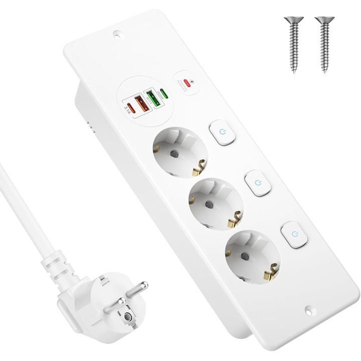 Priza incorporabila in blat,3000W, 3 Prize/2 USB-A/2 USB-C, Sanyu Media®, Protectie copii, 3 Intrerupator Individuel, Prelungitor Cordon 1.8M, Alb