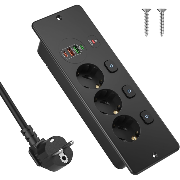 Priza incorporabila in blat,3000W, 3 Prize/2 USB-A/2 USB-C, Sanyu Media®, Protectie copii, 3 Intrerupator Individuel, Prelungitor Cordon 1.8M, Nergu