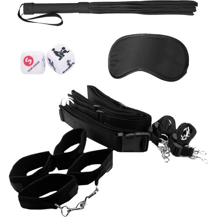 Set sistem restrictie bondage Ouch! cu curea ajustabila, 2 catuse pentru incheieturi, 2 catuse pentru glezne, 4 curele reglabile, culoare neagra.