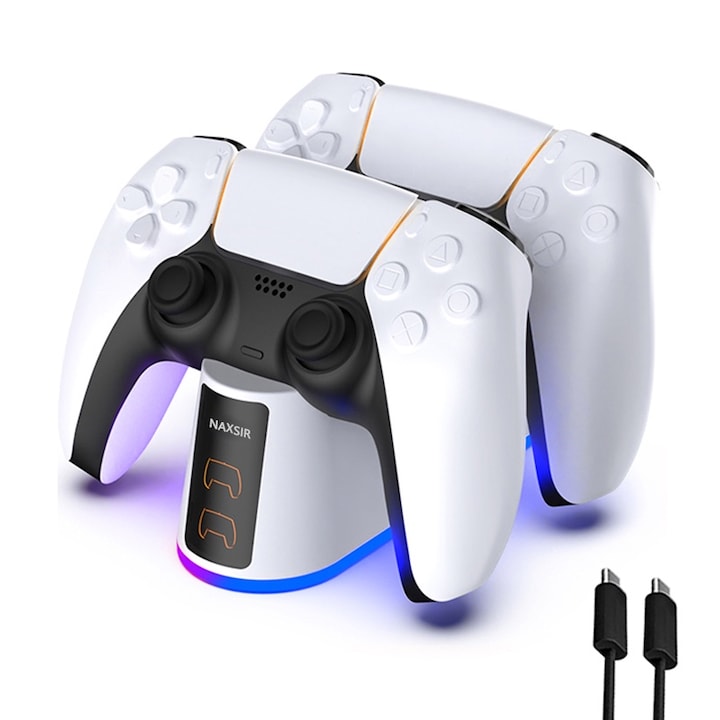 PS5 kontroller töltőállomás, NAXSIR, 7 fényeffektus, gyorstöltés, fehér