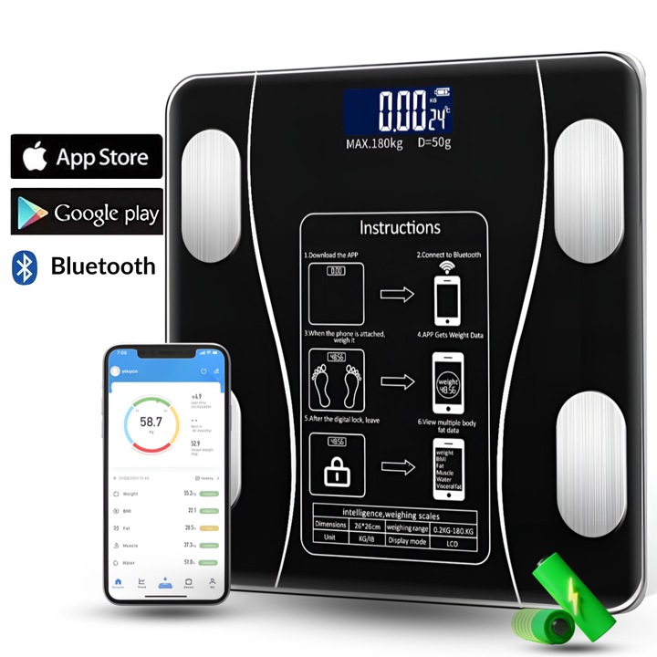 Интелигентна електронна везна за баня, цифрова, Bluetooth, съвместима със смарт приложение, максимално тегло 180 кг, осветен LCD екран, подробен анализ на тялото