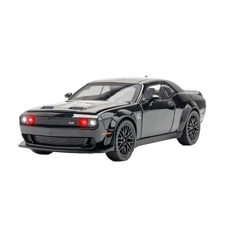 Fémautó, Hggzeg, Challenger Hellcat Die Cast, 1:32 méretarány, Elemek benne, Valósághű hangok, Fényszórók és hátsó lámpák világítanak, 3 év+, Beltéri/Kültéri használatra, Fém, 15,5x7x4,5 cm, Fekete