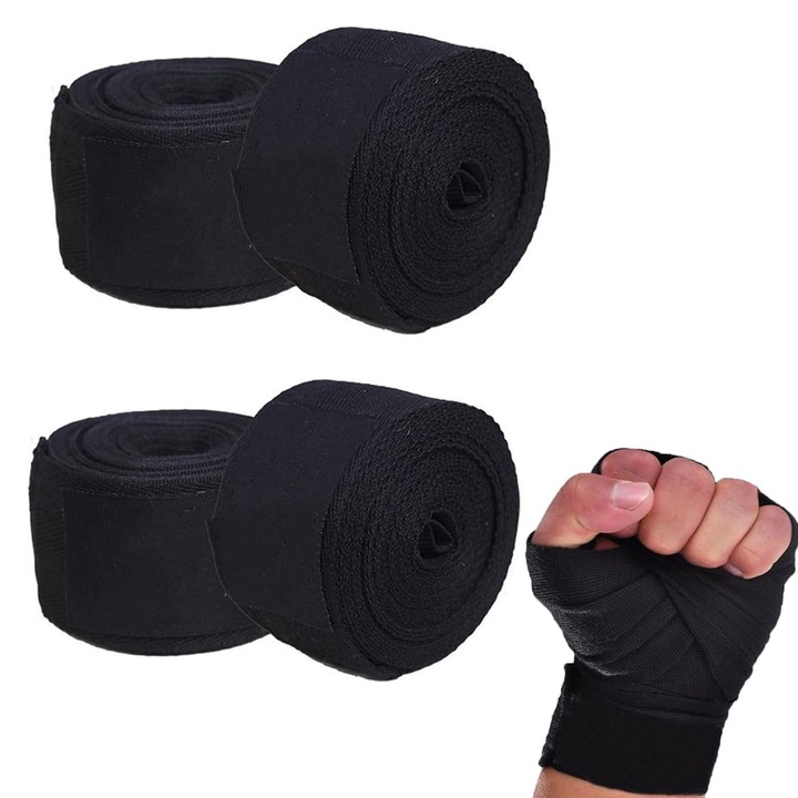 Комплект от 4 боксови бинтове, Hggzeg, защита за китката, супер удобни и леки еластични, преносими, безопасни, защита от удари, лесни за използване, за спорт, MMA, бокс, полиестер, 5x500 см, черен