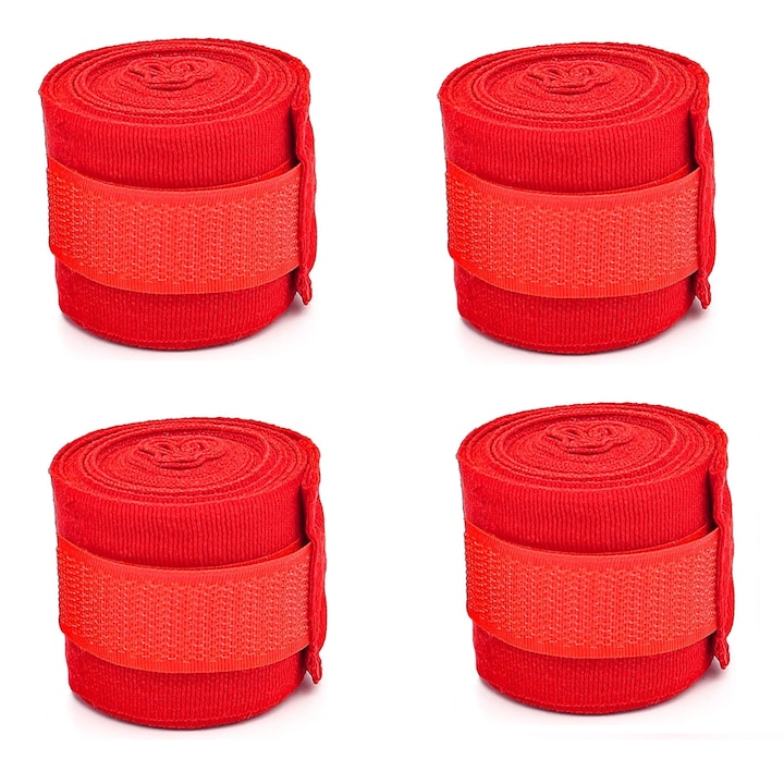 Set 4 Bandaje box, Hggzeg, Protectii incheietura, Elastic super confortabil si usor, Portabil, Sigur, Protectie impact, Usor de utilizat, Pentru sport, MMA, boxing, Poliester, 5x500cm, Rosu