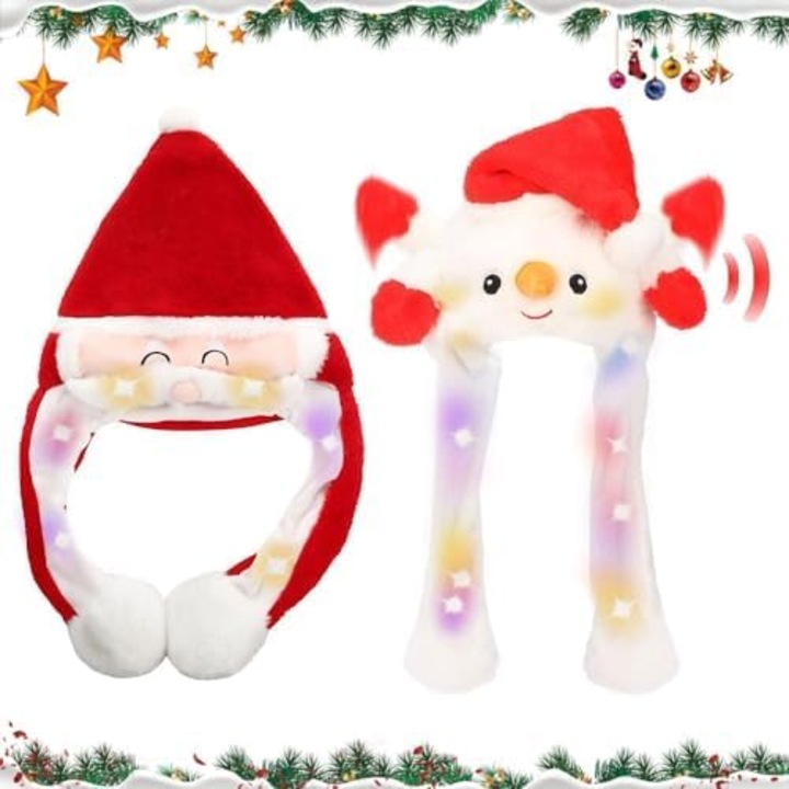 Set 2 caciuli LED pentru Craciun, Mos Craciun si Om de Zapada, Urechi Mobile, Multicolor