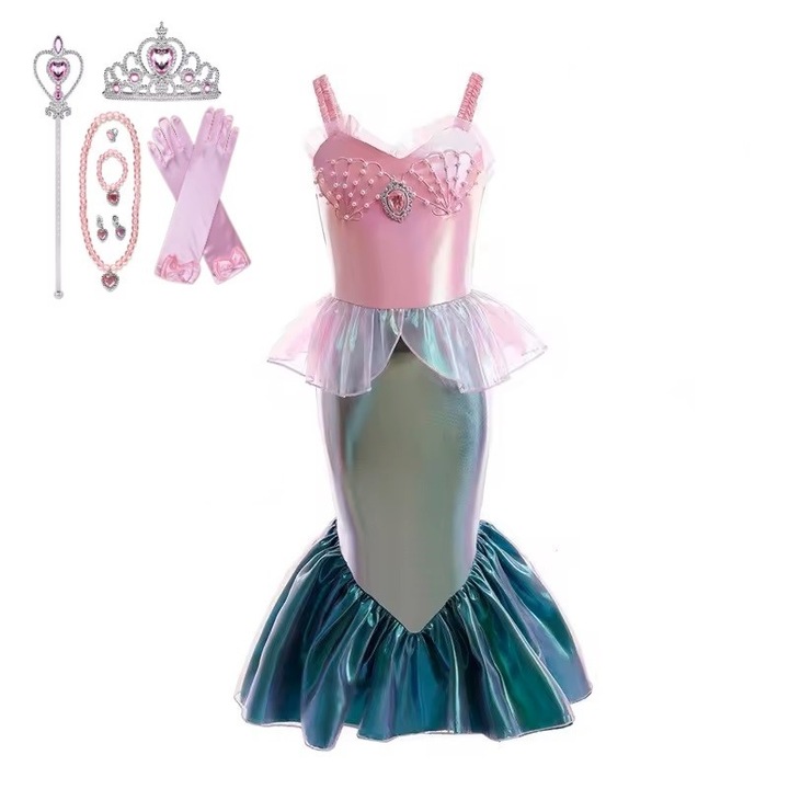 Costum fete Sirena Ariel, rochie, manusi, accesorii roz, 3-4 ani, Funny Party Shop®
