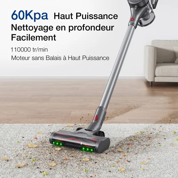 Aspirator cu baton fara fir 700 W/60 kPa 8 x 4000 mAh, 70 min multi-con 8 nivele de filtrare Ecran OLED 10 in 1 Perie LED verde