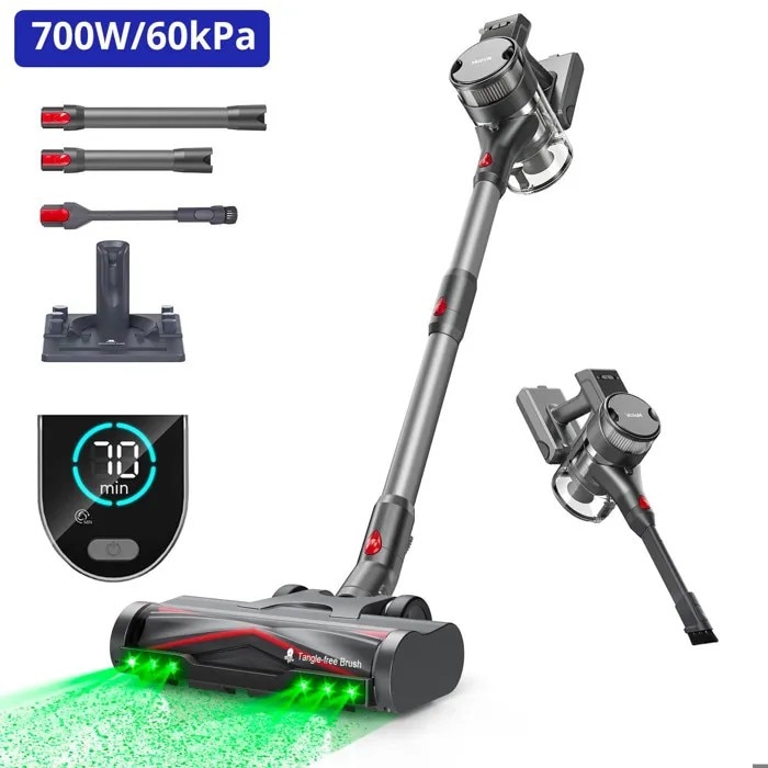 Aspirator cu baton fara fir 700 W/60 kPa 8 x 4000 mAh, 70 min multi-con 8 nivele de filtrare Ecran OLED 10 in 1 Perie LED verde