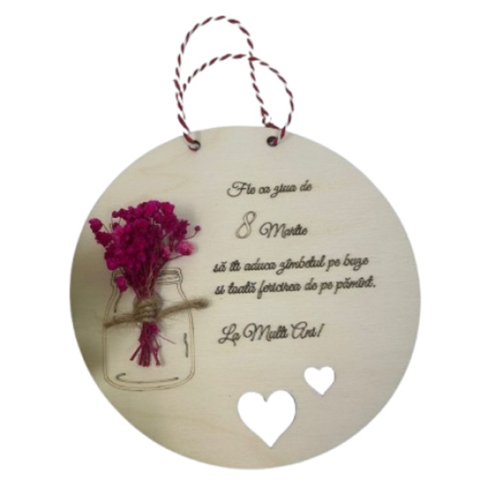 Tablou pentru 8 Martie, din lemn, cu flori uscate, debitat la laser