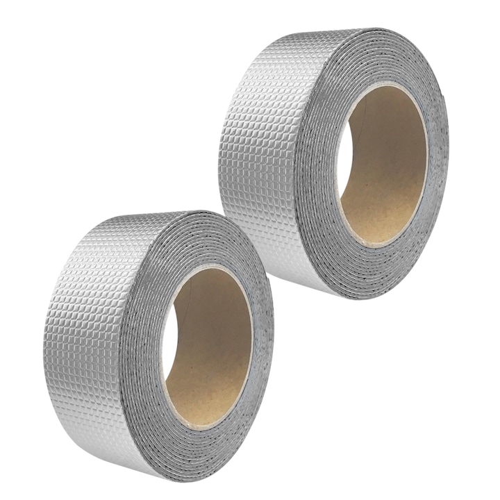 Set 2 Banda Adeziva Pentru Reparatii, Finisaj din Aluminiu, Rezistenta la Intemperii, Previne Scurgerile, Adeziv Permanent, 5cm x 5m