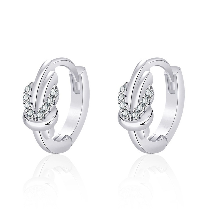 Обеци тип халки с възел, Цирконий, Покритие с бяло злато, Дължина 12 мм, Ширина 5 мм