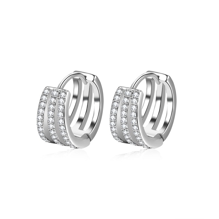 Обеци с три реда инкрустации от циркон, Покритие с бяло злато, Дължина 14 мм, Ширина 7 мм