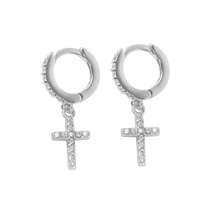 Обеци с кръст, Инкрустирани с цирконий, Покритие от бяло злато, Дължина 25 мм, Ширина 6 мм