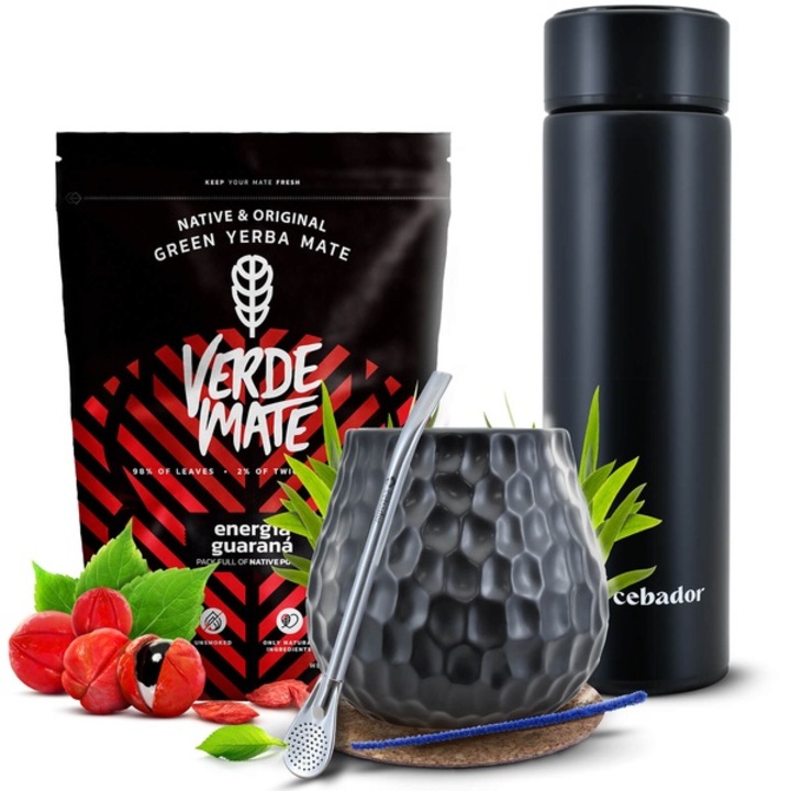 Ceai Yerba Mate Set, Verde Mate Energia Guarana 400g, Termosem LED, Cana Ceramica Negru, 400 ml
