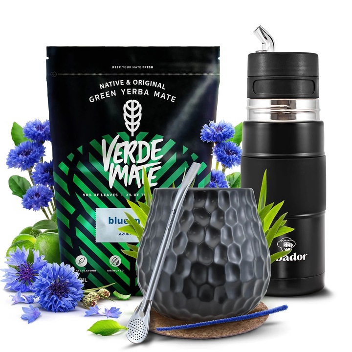 Ceai Yerba Mate Set, Verde Mate Green Blue Moon 500g, Yerbomos X 450 ml, Cana Ceramica Negru 400 ml