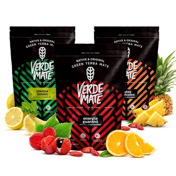 Ceai Yerba Mate Set, Verde Mate Green Frutos Tropicales Energia Guarana Menta Limón 3x400g