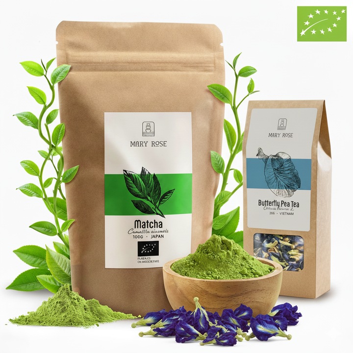 Ceai Matcha Tea Bio Japonez Set, 100g, Albastru Butterfly Pea Tea, Clitoria Ternatea, Flori Uscate, 20g