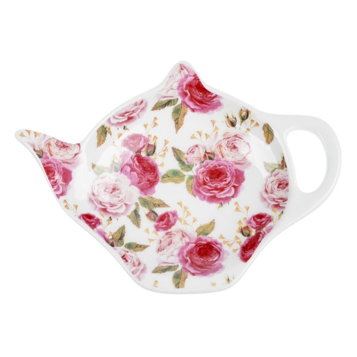 Shopiens® teafilter alátét tányér teáskanna formájú, fehér, rózsaszín rózsa mintával, 12 x 8,5 cm