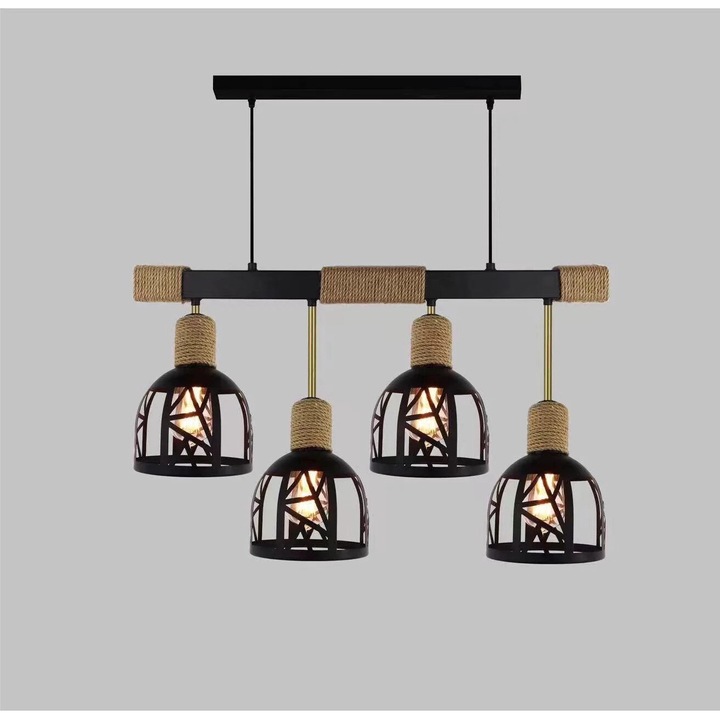Pendul Rustic RFAN, Model 5573-4, 4 x E27, Inaltime Reglabila, Negru