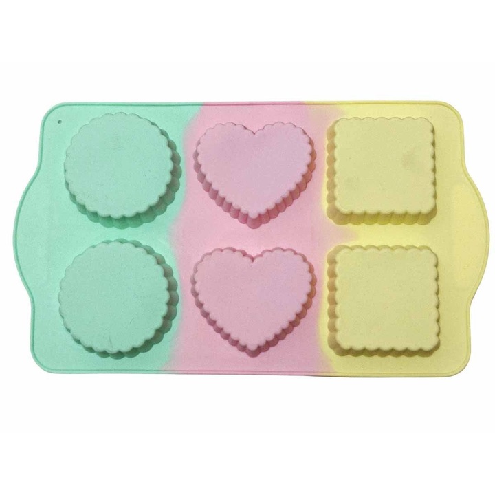Forma din silicon pentru prajituri si tarte, model patrat, inima, rotund, termorezistenta, 6 cavitati, 533COF