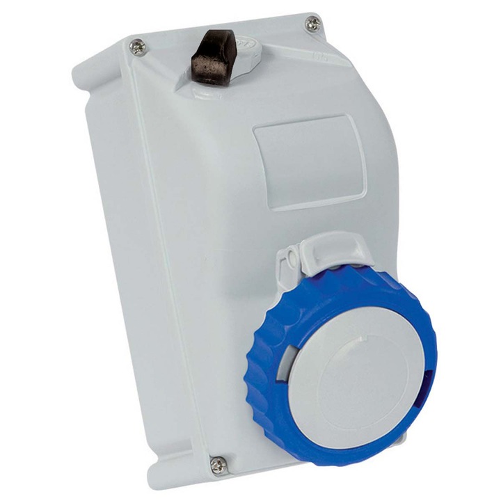 Priza Industriala de Perete, Interblocabila, 2P+E, 32A, 200-250V, 6h, IP67, Gri / Albastru, 90x180 mm, Fanton